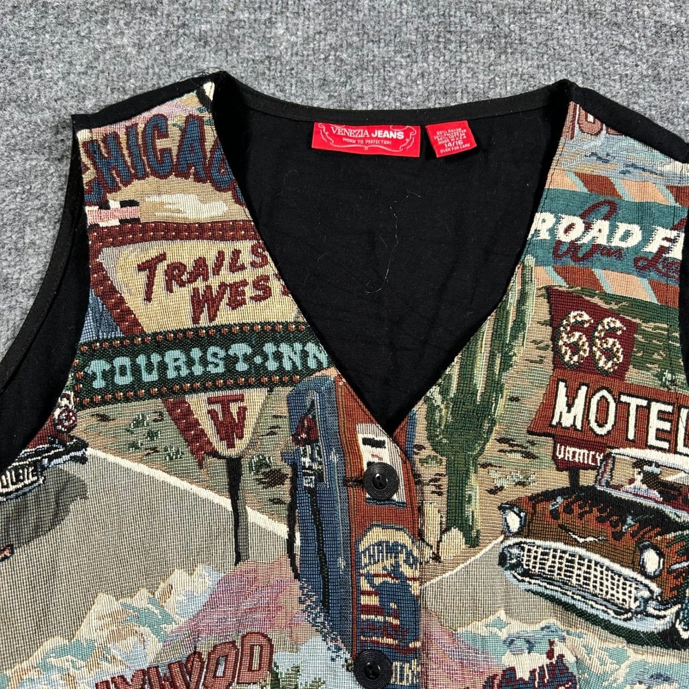 Venezia Jeans Vest Womens Size 14/16 Route 66 Tapestry Rayon Cotton USA Vintage